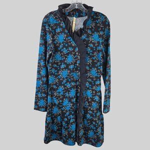 Uncle Frank Shigt Dress L Blue Black Dark Floral Long Sleeve Ruffle Knee Length